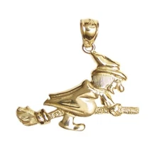 New 14k yellow Gold Witch on Broom Pendant