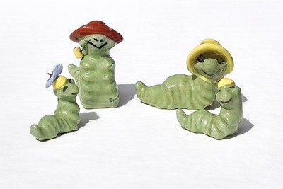 Vintage Hagen Renaker Caterpillar Inch Worm Family Set 4 Mini Figurines 1950s