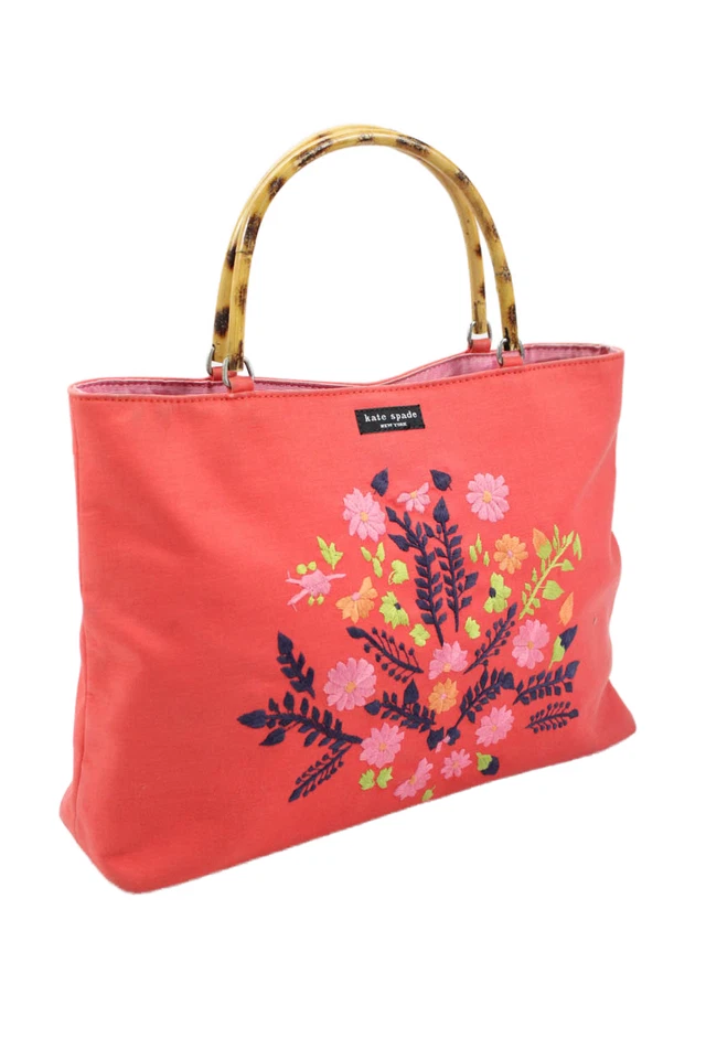 Bolso de mano Kate Spade New York para mujer con mango de madera floral lona naranja Foto 3 de 4