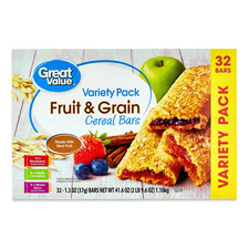 Great Value Fruit & Grain Cereal Bars, Variety Pack, 1.3 oz, 32 Count