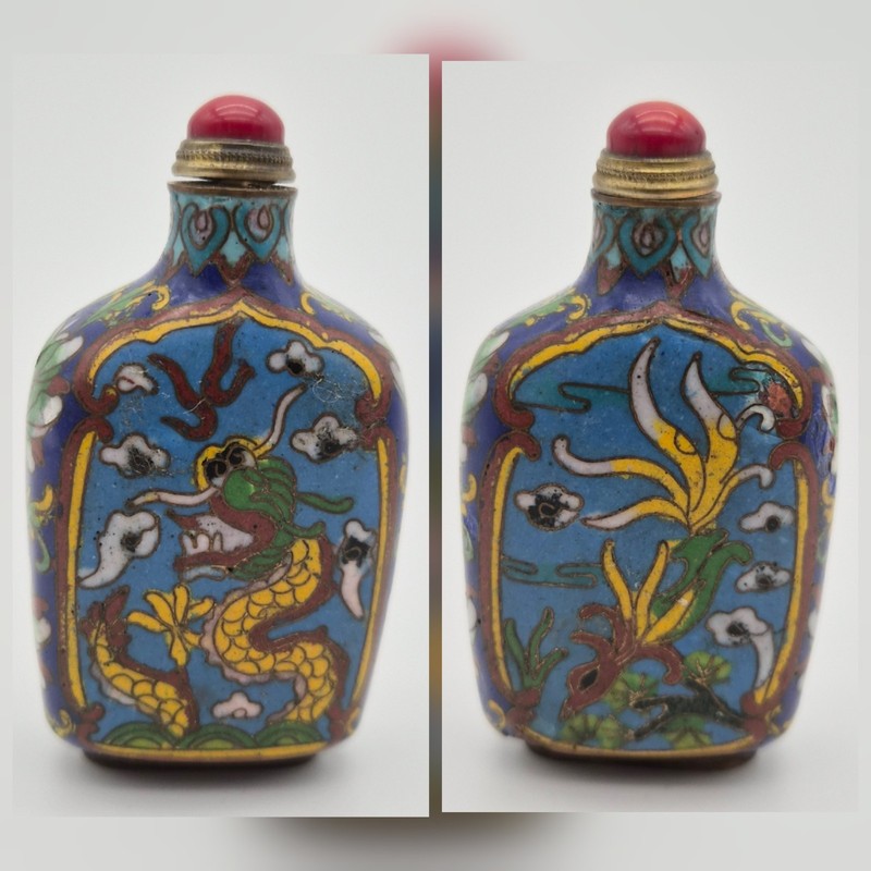 Gorgeous Vintage Cloisonné Enamel Snuff Bottle W/ Dragon & Phoenix 3.5” Filigree