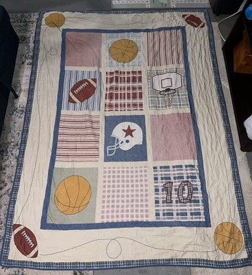 Sears Roebuck Kids Sports Football Basketball Blanket Bedspread Comforter 63x86 