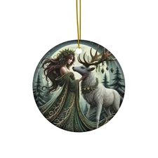 Mystical Forest Woman and White Deer Ornament Pagan Woodland Christmas Decor