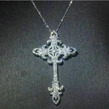 Women's 2Ct Round VVS1/D Diamond Cross Pendant 14K White Gold Finish Free Chain
