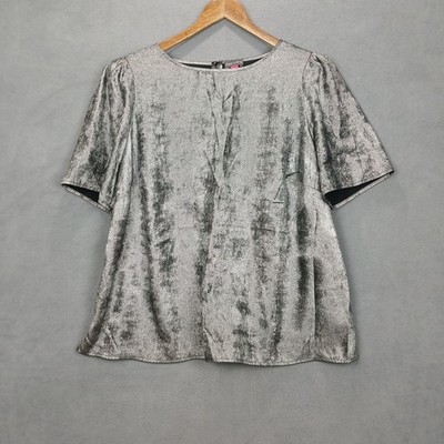 Vince Camuto Umbra Forest F1 Metallic Puff Sleeve Blouse Top Women 1X Rich Black