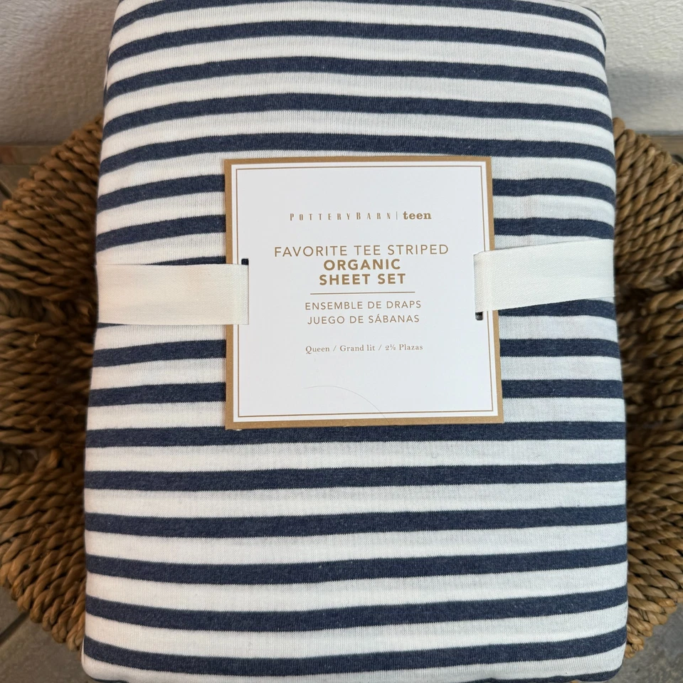 JUEGO DE SÁBANAS ORGÁNICAS A RAYAS CAMISETA FAVORITA ADOLESCENTE GRANERO CERÁMICA, REINA ~ AZUL MARINO/BLANCO Foto 2 de 4