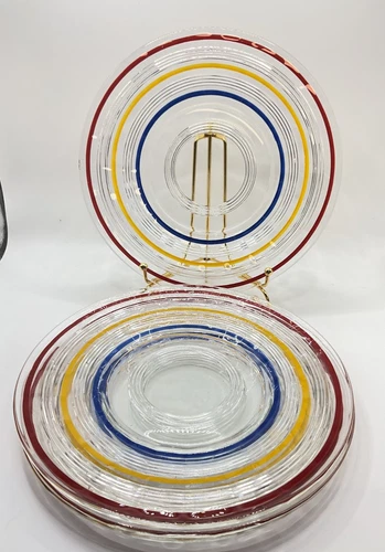 Set of 4 Anchor Hocking Muliti-Colored Banded Rings VTG 8 inch Glass Plates B