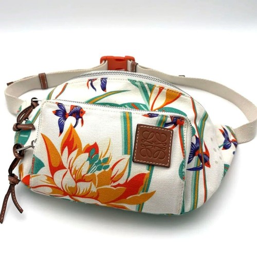 LOEWE Paula's Ibiza Floral Canvas Belt Bag Off White Green Orange Leather Logo