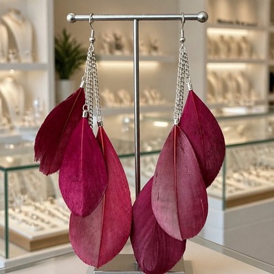 Boho Burgunderrot Feder Ohrhänger Damen Statement Festival Schmuck UK