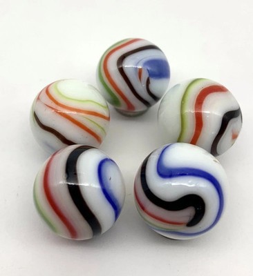 New for 2024! 16mm Tie Dye Glass Marble Players 5/8'' Pk 5 White w Multi Swirls