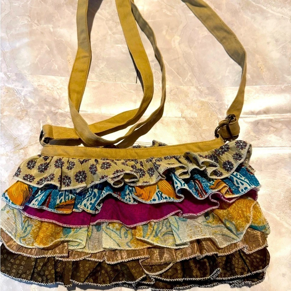 Bolso Bandolera Boho Sari Seda con Volantes | Hecho a Mano India | Cartera Bandolera con Retazos Foto 3 de 4