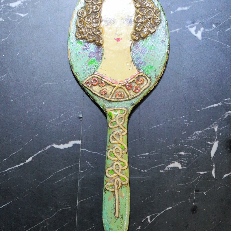 Vintage Metal & Glass Handheld Vanity Mirror Woman Portrait Green Floral Handle