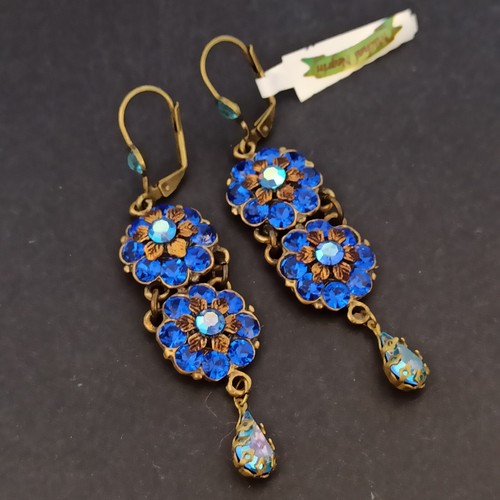 Michal Negrin Earrings Royal Blue With Swarovski Crystals Statement Long Flowers - Picture 6 of 19