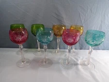 8 Bohemian Cut-to-Clear Crystal Wine Hocks Goblets Green Blue Cranberry Amber
