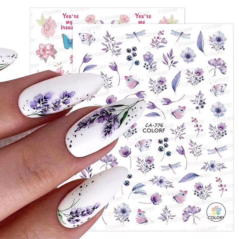 Watercolor 3D Nail Stickers Flower Leaf Slider Nail Art Decals UV Gel  Decoration