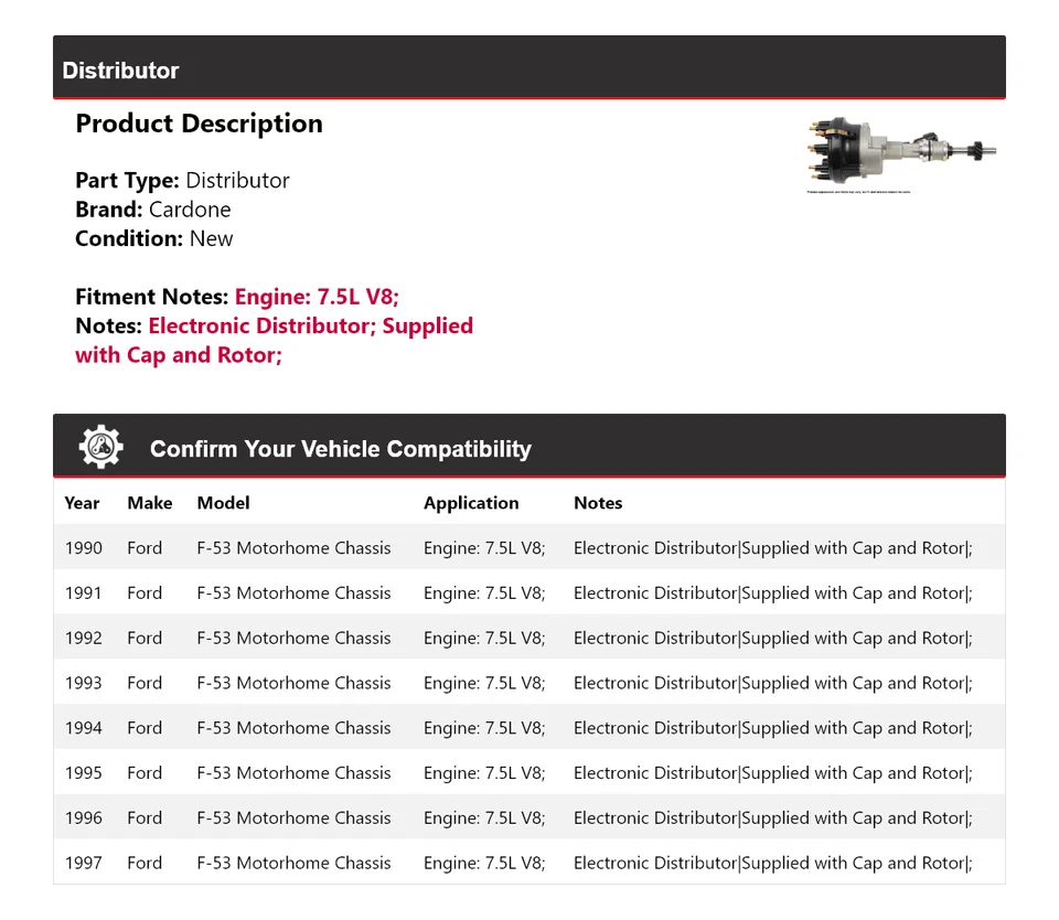 Chasis de autocaravana Ford F-53 1990-1997 7,5 L V8 distribuidor Cardone 1991 1992 Foto 2 de 4
