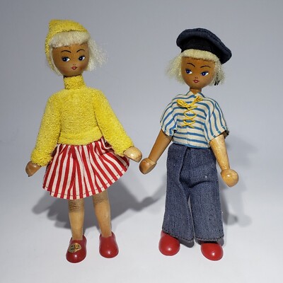 Lot of 2 Polish 7.5'' Jointed Wood Peg Boy Girl French Outfits Dolls Poland