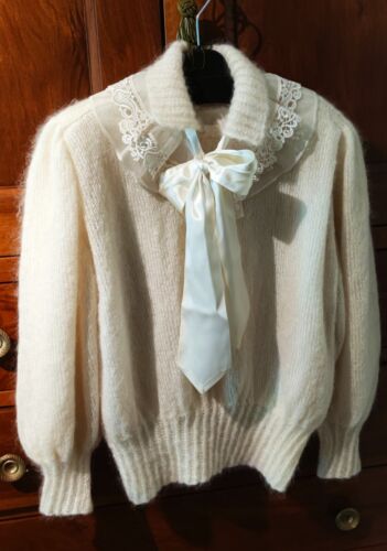 Pull tricot blanc cassé kid mohair 80% acrylique 20% doublé soie, collerette - Photo 1/9