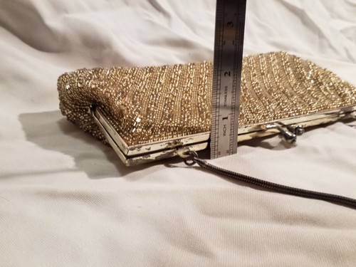Elegant Vintage Golden Beaded Evening Purse Ivory Color Satin Liner & Pocket 9x5 - Picture 14 of 20