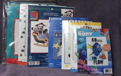 DISNEY CROSS STITCH KITS Lot of 7 Holiday Sleigh Pocahontas Dory Babies Frame