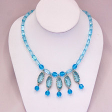 Vintage Czech Glass Faceted Aqua Blue Faceted Silver Prong Set Dangles Necklace