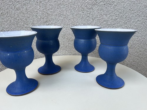 Vtg Pedestal Goblets Pottery Wine Cups Blue White Set 4 5 1/4” - Picture 5 of 9