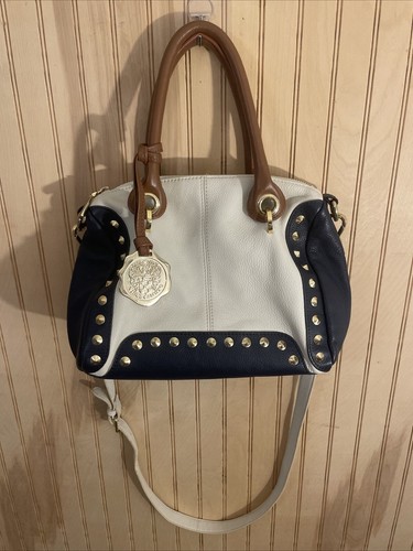 VINCE CAMUTO Leather Handle Bag w Shoulder Strap Navy/Ivory Gold Studded Accents