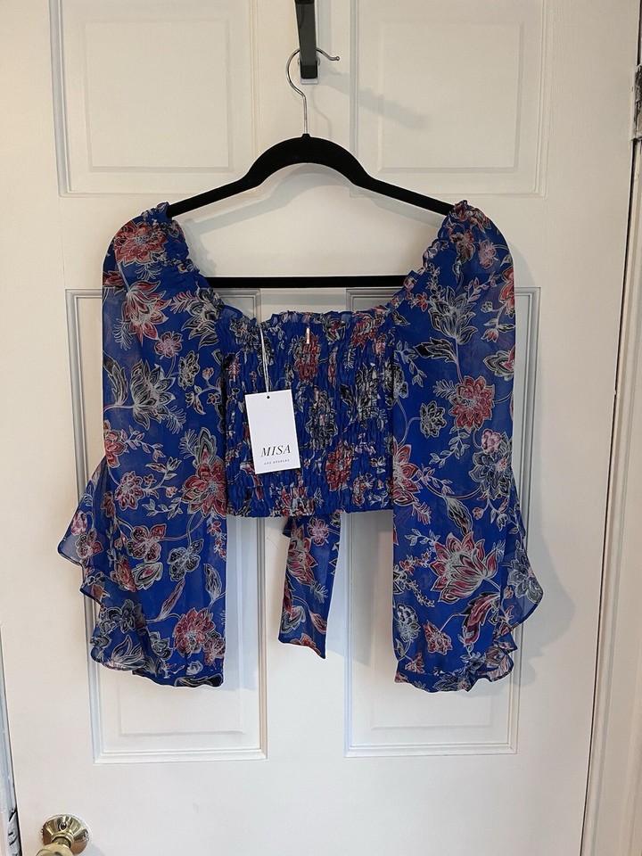MISA Los Angeles Womens Blue Floral VNeck Smocked Tie Crop Blouse Top