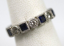 Vintage sterling silver 925 clear  dark blue stones ring eternity band size 6