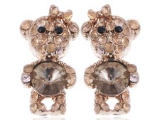 Brass Tone Princess Girly Teddy Bear Bow Crystal Rhinestone Element Earrings