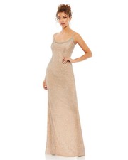 MAC DUGGAL Beaded Scoop Neck SPAGHETTI STRAP COLUMN Gown DRESS Nude Size 12 NEW