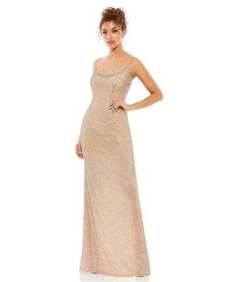 MAC DUGGAL Beaded Scoop Neck SPAGHETTI STRAP COLUMN Gown DRESS Nude Size 12  NEW | eBay