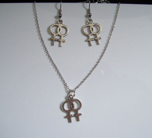 Double Venus Symbol Earrings & Necklace Gay Pride Rainbow Lesbian Woman - Picture 1 of 7