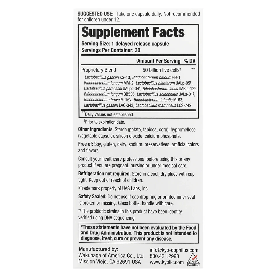 Kyo-Dophilus®, Probiótico Max, 50 mil millones de UFC, 30 cápsulas vegetarianas Foto 2 de 3
