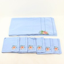 7 PC Set Vintage Floral Embroidered Tablecloth and Napkins FLAWED