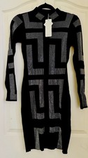 HIGH FASHION Black Silver Rhinestone Geometric Bodycon Long Sleeve Dress
