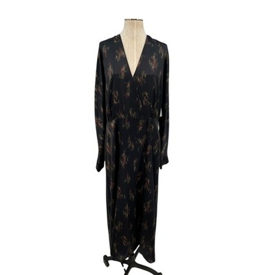 Vince Wisteria Wrap Dress Midi Satin Long Sleeve Black Size XL *Damaged