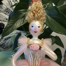 Vintage De Carlini Blown Glass Pink Ballerina Blond Hair Christmas Ornament 10''