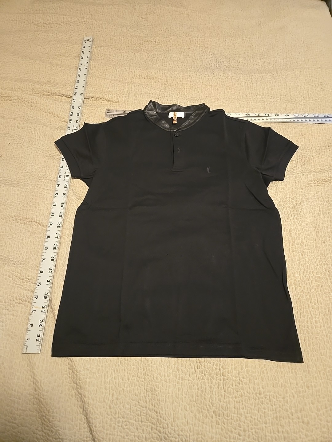 Polo Saint Laurent Of Paris nera in cotone con logo e colletto in pelle taglia XS