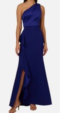 Adrianna Papell Women's Blue One-Shoulder Satin-Trim Draped Gown Size 12