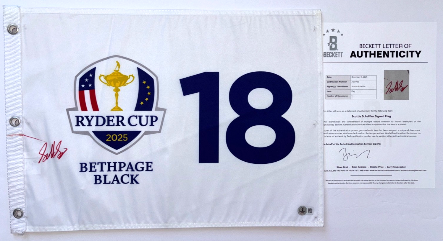 SCOTTIE SCHEFFLER SIGNED 2025 RYDER CUP GOLF FLAG BETHPAGE BLACK TEAM USA BAS 