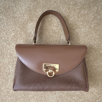 Nina Ricci Vintage 1980s Brown Monogram Logo Top Handle Bag Gold Hardware