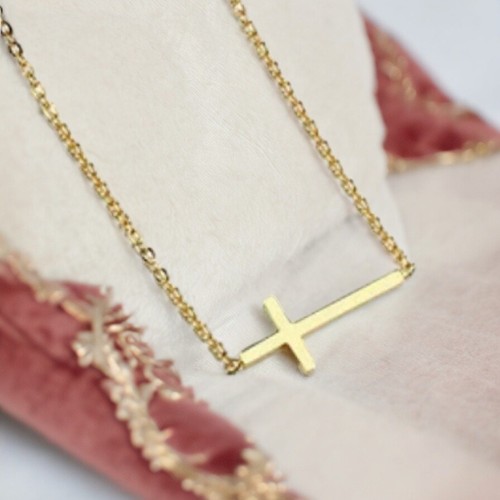 NEW 18K yellow gold plated sideways cross Christian chain necklace jewelry B23A