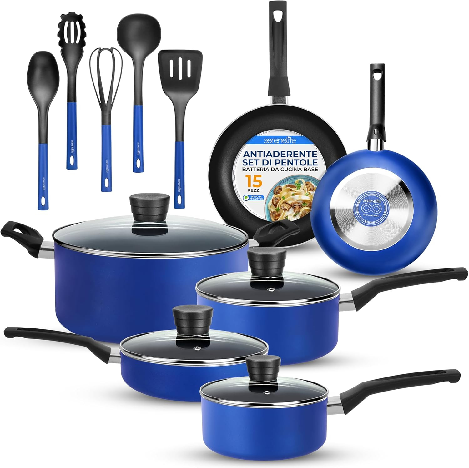 Set Pentole e Padelle 15 Pezzi Antiaderente | Batteria Cucina Smalto
