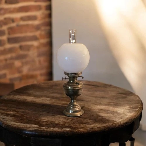 Vintage Brass Oil Lamp Duplex Two Wicks Glass Chimney & Milk Glass Globe Shade