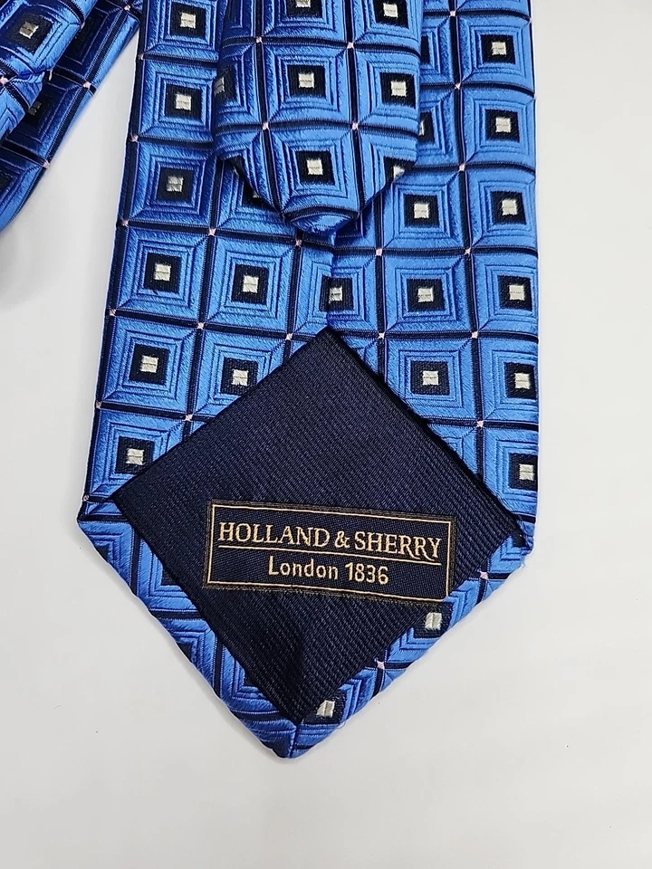 Corbata Holland and Sherry Azul Negra Slvr Geométrica Seda Cuello EE. UU. Larga 61" x 3-5/8" Foto 3 de 4