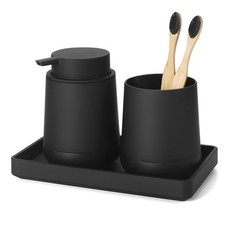 Black Bathroom Countertop Set - Soap Dispenser and Toothbrush Holder with Sil...