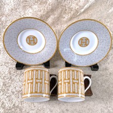 Hermes Paris Demitasse Cup and Saucer Mosaique Au 24 Gold 2 Sets Tableware