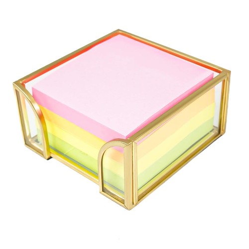 Sticky Note Holder Glass Post It Note Dispenser, 3 x 3 Inch Gold Sticky ...
