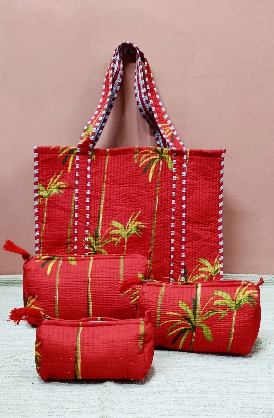 PALM ANGELS Borsa a tracolla trapuntata palma rossa indiana cotone tote bag con 3 set toilette US